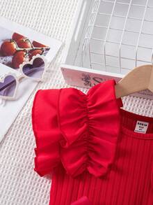 女童短袖罗纹网纱圆领夏季公主风休闲连衣裙，配腰带