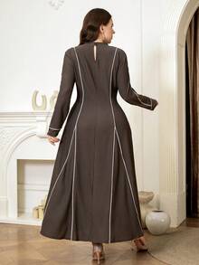 Veilorie Damen Lässig Kleid in Große Größen mit Stehkragen, Langarm und Taillenzug - Kaffeebraun - Übersicht 3