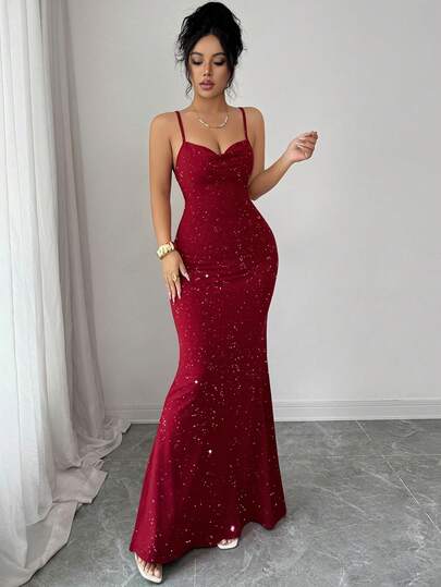 SHEIN PETITE Ärmlös röd paljettklänning med rynkad midja, sexig elegant minimalistisk glamorös romantisk festklänning, lämplig för kvällsdejt, fest, alla hjärtans dag, vår/sommar