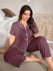 Lazeform 休闲宽松荷叶边柔软休闲短袖上衣和裤子睡衣套装，轻盈夏季针织面料，加大码，服装 - 紫紅色 - 查看 6