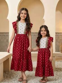 SHEIN Robe ronde de luxe à pois dorés pour préadolescentes, printemps/été, avec dentelle dorée délicate et volants en patchwork floral. Convient pour les mariages, les galas de gala et les événements culturels - Rouge - Voir 1
