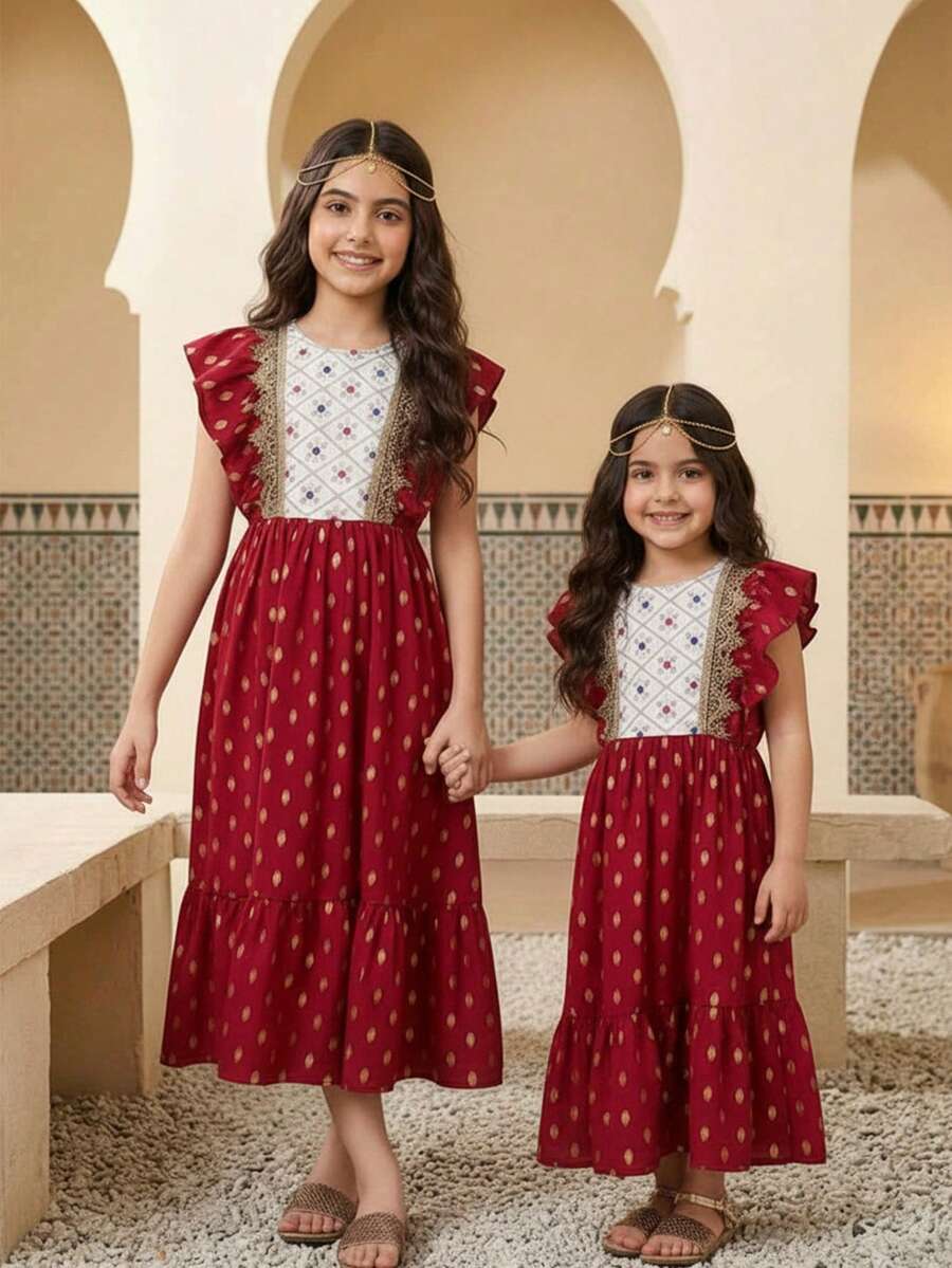 SHEIN Robe ronde de luxe à pois dorés pour préadolescentes, printemps/été, avec dentelle dorée délicate et volants en patchwork floral. Convient pour les mariages, les galas de gala et les événements culturels - Rouge - Voir 1