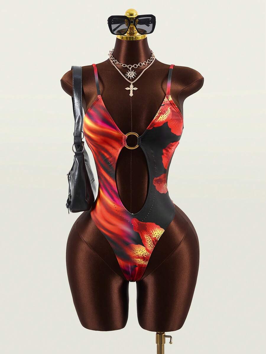 Zestiva 女士印花镂空腰部性感连体泳衣 - 彩色 - 查看 1
