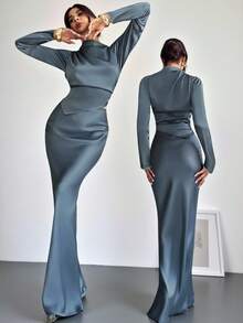 Firerie Women's Elegant Office Commute Blue Satin Long Sleeve Pleated Collar Irregular Hem Blouse And High Waist Pleated Maxi Skirt Set, Romantic, Date, Party, Wedding Season, Graduation Dress, Formal Ball - Blue - View 4