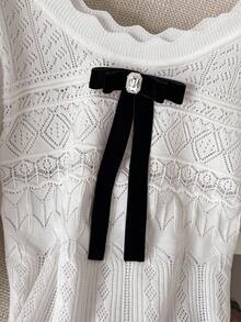 GlowEve Vestido de punto mini con manga larga, diseño de cintura calada y lazo en contraste de color para mujeres - Blanco - Ver 6
