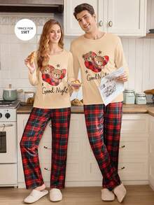 CoupledUp 2pcs Men's Heart Plaid Pajama Set, Couple Loungewear Cute Pajamas Teddy Bear Pajama Set Bear Pajamas Couple Pajama Couple Matching Pajamas Set - Multicolor - View 6