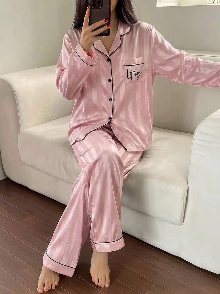 Teen Girls Pajamas-2 Piece Pajama Set Pink Striped Satin Look Button Front Notch Collar Long Sleeve Top Matching Elastic Waist Long Pants Two Piece Sleepwear Four Seasons Home Lounge Bedtime Gift 2026 New Year Essential - Pink - View 1