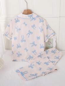 2pcs Women's Casual Bow Tie Printed Short Sleeve Top And Loose Pants Loungewear Set - Apricot - View 2