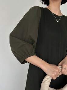 FRIFUL 女士撞色灯笼袖荷叶边短款连衣裙/长款连衣裙/吊带裙 - 黑色 - 查看 5