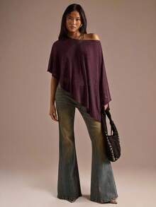 SHEIN BAE Women's Solid Purple Simple Sheer Shimmering Asymmetrical Neck Top / 2026 Fashion Top / Club Top / Maroon Top / Sheer Top / Purple Shawl/Going Out Tops For Women/Asymmetrical Shoulder Top/Party Top For Women/Night Out/New Year's For Women/Glitter Top - Maroon - View 8