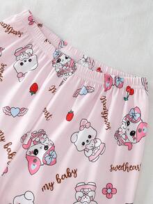 2pcs Girls Rabbit Print Casual Round Neck Short Sleeve Top And Full Print Rabbit Pants Pajama Set - Baby Pink - View 5