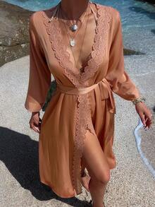 DAZY Satin Floral Trim Robe For Women Pajamas - Orange - View 3