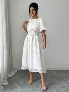 Modelyn 杏色镂空松紧腰泡泡袖系带露背优雅法式中长连衣裙，女士夏季款 - 杏色 - 查看 7