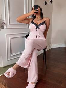 Dream Adore Plus Size Lace Patchwork Camisole & Wide Leg Pants Loungewear Set Lingerie Cute - Baby Pink - View 3