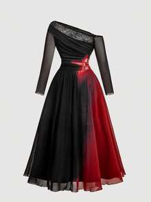 SHEIN MOD 大码女式复古黑色露肩不对称修身连衣裙，饰以红色花卉印花，喇叭裙摆，蕾丝拼接，复古皇家风，灵感源自70年代和Y2K，完美适用于约会之夜、派对、皇家风范、节日和生日装扮。 - 黑色 - 查看 3