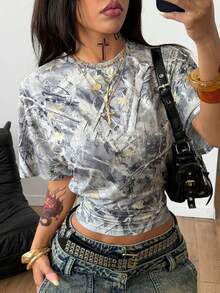 Coolane 女士冬季音乐会锐舞节外出狂欢文艺复兴集市俱乐部派对嬉皮音乐节灰色树枝图案修身T恤 - 灰色 - 查看 2