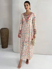 Yasmyna 女士春季度假风全身印花撞色包边扇形边阿拉伯连衣裙 - 粉色 - 查看 5