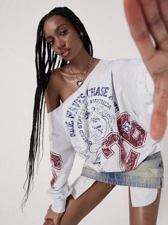 Street Life Amerikanischer lässiger Street-Style Buchstaben-Muster Schräg-Schulter Grau Sweatshirt