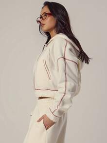 MUSERA Oversized Zip Through Contrast Stitch Hooded Sweatshirt Spring, Girly, Day, Cute, Casual Spring - Cream - View 3