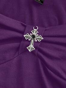 ROMWE Áo thun nữ cổ vuông, thun co giãn, in hình thánh giá phong cách Gothic cổ điển mùa hè, thích hợp cho ngày Valentine. - Màu tím - Xem 3