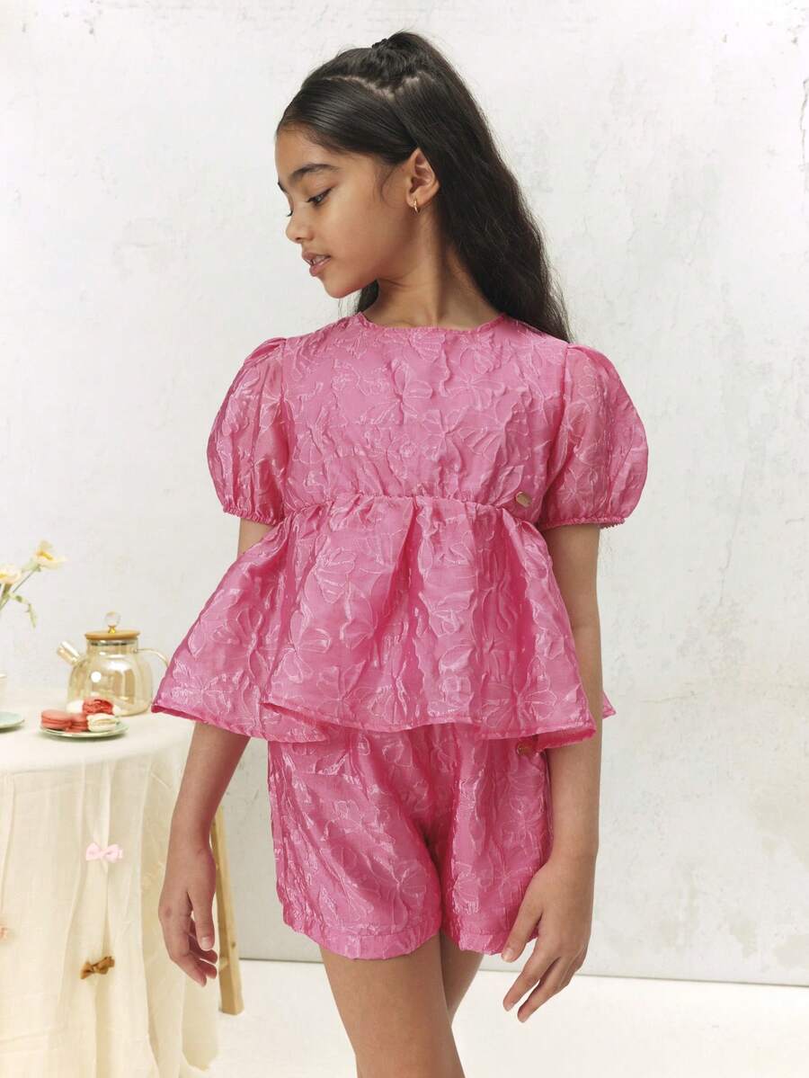 Puff Sleeve Blouse With Elastic Waist Shorts Textured Two Piece Set Girls Summer Outfit Festive Occasionwear