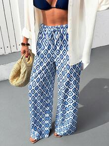 EURMUSE 女士蓝白印花阔腿裤 - 藍白色 - 查看 6