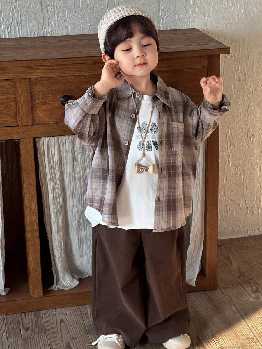 DAZY 男童休闲格子衬衫套装，宽松版型，日系风格，秋季款