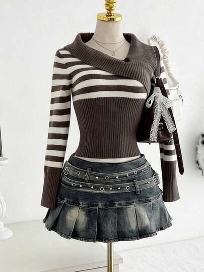 Lalippa Women's Colorblock Striped Long Sleeve Knit Sweater