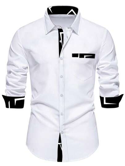 Manfinity Mode Men's Casual Contrast Collar Long Sleeve Button-Up Shirt With Chest Pocket - Lightweight Summer Solid Color Non-Stretch Fabric, Regular Fit For Outdoor & Casual Attire, Casual Latest Design Collar Shirts, Versatile Top, Modern Menswear, Durable Construction, Stylish Men