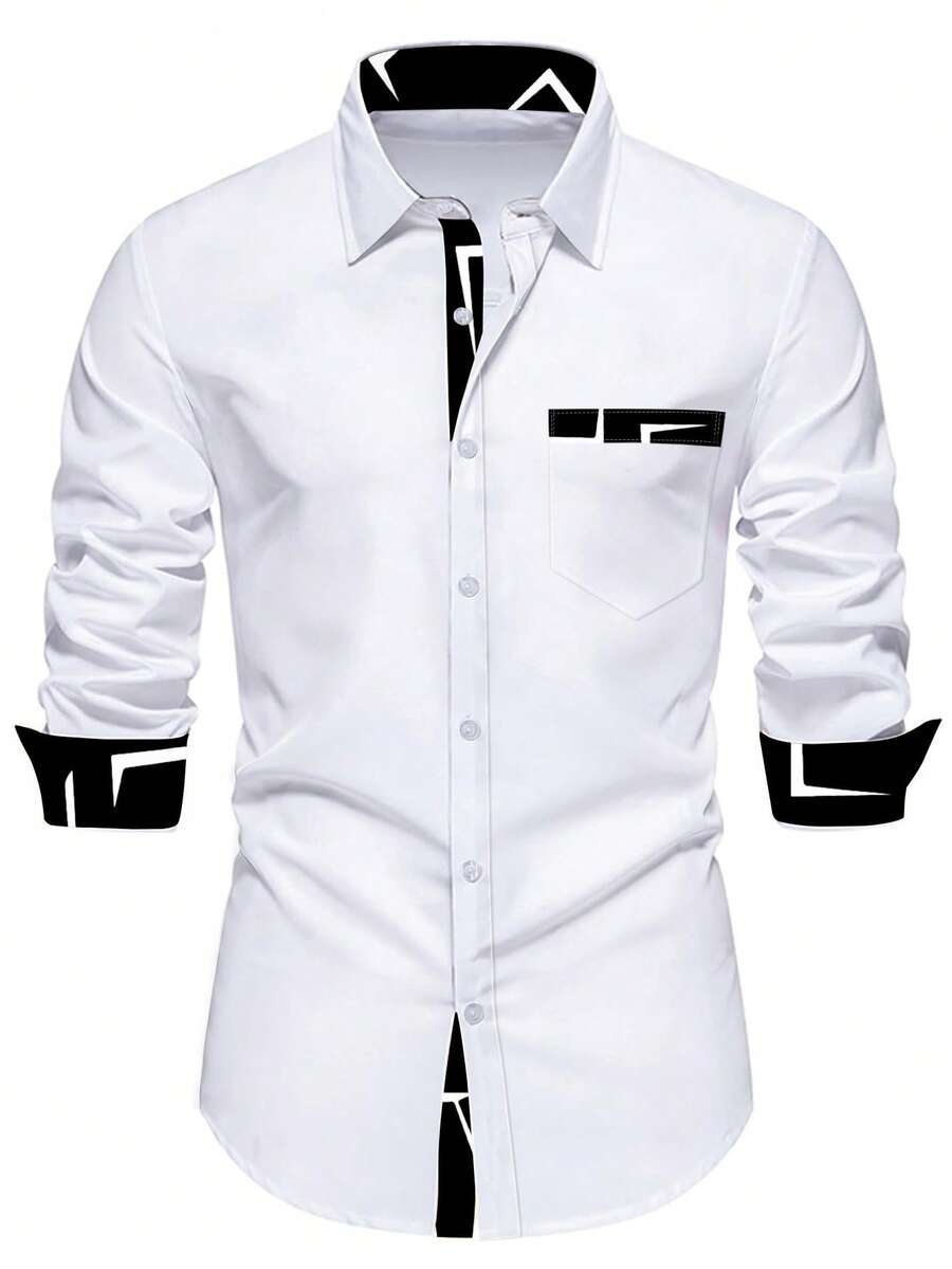 Manfinity Mode 男士休闲撞色领长袖纽扣衬衫，带胸袋 - 轻薄夏季纯色无弹面料，常规版型，适合户外及休闲穿着，休闲新款领衬衫，百搭上衣，现代男装，经久耐穿，时尚男士 - 白色 - 查看 1