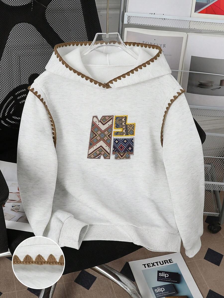 SHEIN 1 pièce Sweat-shirt-shirt surdimensionné à la mode pour préadolescentes avec graphique brodé, pull léger avec bordure contrastée, convient pour l'automne/l'hiver, les sorties, l'école, les voyages, les fêtes, les déplacements - Gris - Voir 1