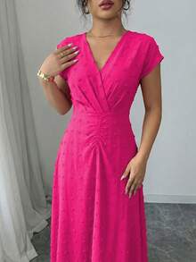 SHEIN Elenzya Vestido elegante de cuello en V con cintura recogida y línea A para mujeres, hecho de tela refinada - Rosa Fucsia - Ver 6