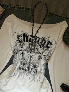 SHEIN EZwear 十字翅膀印花秋季新款宽松露肩不对称下摆长袖性感不对称领口套头T恤（女款） - 彩色 - 查看 3