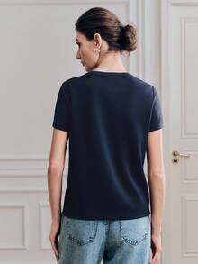 Anewsta Women's Elegant Sequin Embroidered Short Sleeve T-Shirt, Fitted Crew Neck Knit Top, Casual Office Wear - Navy Blue - View 7