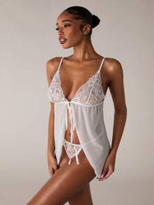 SHEIN BAE 2pcs Women's Sexy Lace Camisole Bra Set (Wireless, Thong) - White - View 7