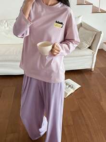 DAZY 两件套女士猫咪印花条纹宽松长袖T恤和裤子睡衣套装 - 粉色 - 查看 3