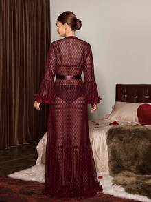 Slumberist 3D Floral Decor Jacquard Mesh Extra Long Women Robe Floor Length Robe Mesh Robe - Maroon - View 2