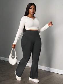 SHEIN PETITE CURVE 大码女装秋冬返校休闲家居服瑜伽舒适户外纯黑色针织弹力腰高腰口袋喇叭裤，带口袋打底裤 - 灰色 - 查看 5