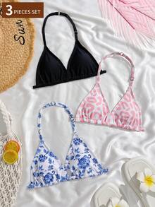 少女三件套比基尼，可爱豹纹和花卉图案，时尚泳装，适合游泳和夏季度假 - 彩色 - 查看 1