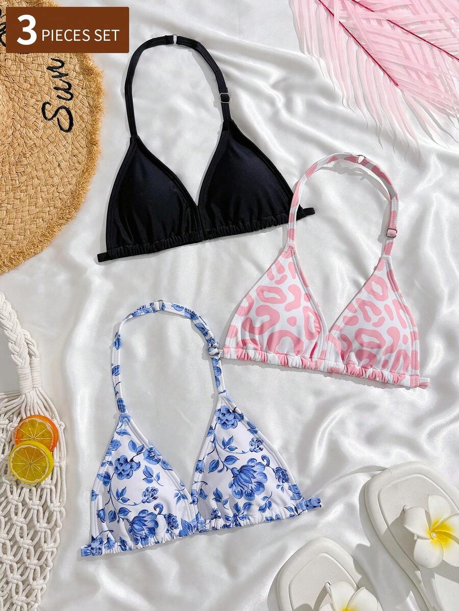 少女三件套比基尼,可爱豹纹和花卉图案,时尚泳装,适合游泳和夏季度假 - 彩色 - 查看 1