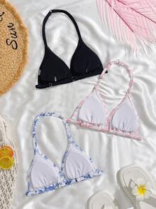 少女三件套比基尼，可爱豹纹和花卉图案，时尚泳装，适合游泳和夏季度假 - 彩色 - 查看 2