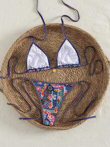 Swim Vcay Women Navy Floral & Geometric Print Halter Neck Bikini Set With Gold Accent, Romantic Vacation Beach Swimsuit - Multicolor - View 3