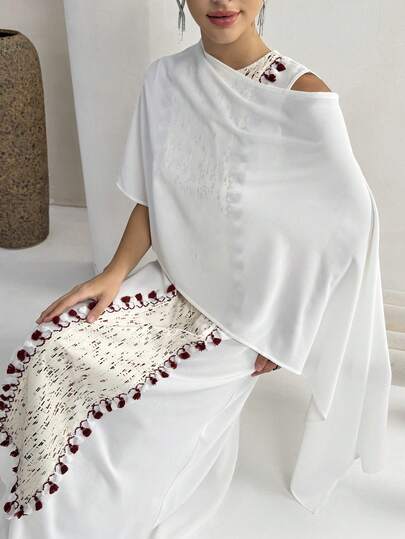 Yasmyna Women's Round Neck Tassel Shawl Design Casual Outing Party Arabic Style Dress White Abaya Caftan Dress White Kimono Scarf Dress Long Cover Ups For Swimwear