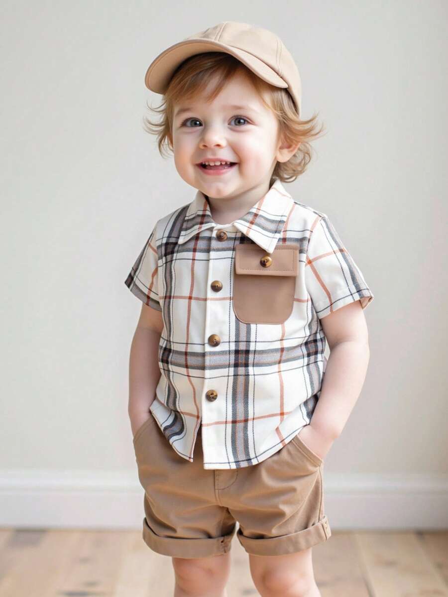 Playful Pals Áo sơ mi kẻ caro tay ngắn mùa hè cho bé trai, thích hợp mặc thường ngày, ngoài trời, dự tiệc - Nhiều màu - Xem 1