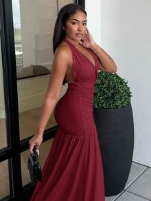 Alexandranx Elegant Romantic Sexy Party Deep V-Neck Halter Split A-Line Dress - W