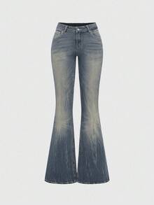 ROMWE Grunge Punk Y2K Retro Midriff-Baring Pocket Cross Wing Embroidery Fitted Flare Leg Women Jeans - Light Wash - View 2