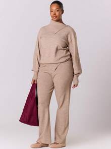 MUSERA Suéter de hombros caídos de talla grande de un solo color - Caqui - Ver 5