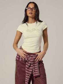 MUSERA Fitted Cropped Scoop Neck Cap Sleeve Graphic Tshirt Spring, Girly, Day Outfits, Cute, Casual Sweet Pea - Cream - View 1