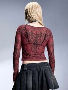 ROMWE Grunge Punk Spring Y3K Cybersigilism Print Mesh Sheer Fitted Top - Red - View 4