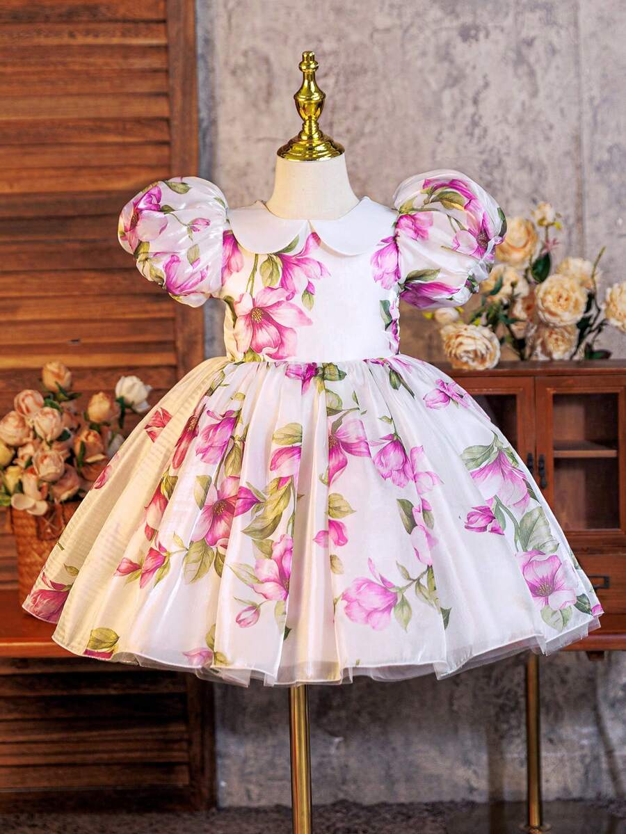SHEIN Glamorique Kids Glamorique 女童花卉腰部泡泡袖薄紗優雅派對生日洋裝,適合四季婚禮白色與粉色夏季 - 彩色 - 查看 1